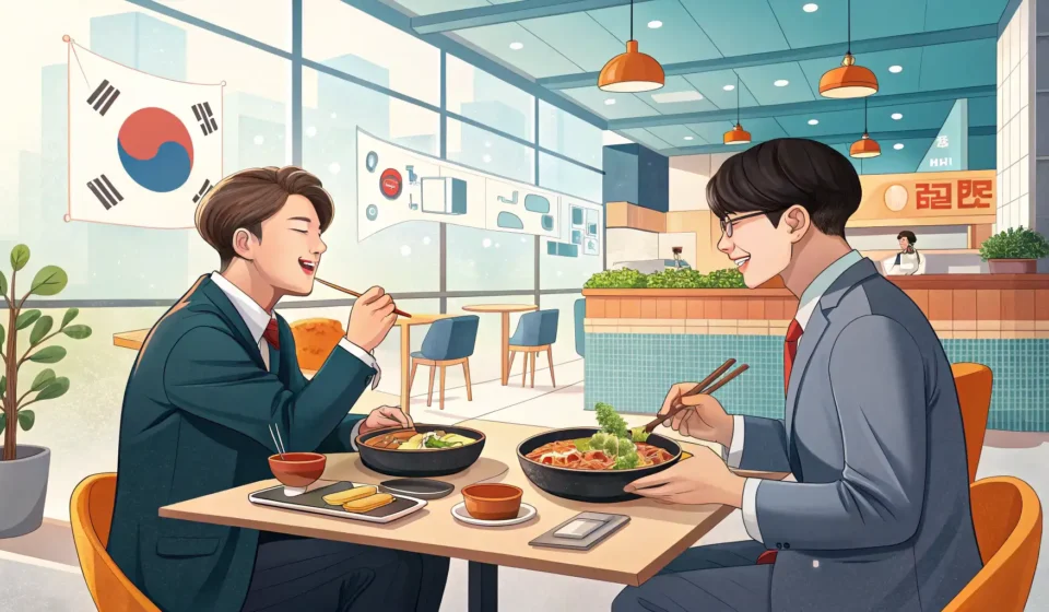 Explaining a New Goal to a Teammate in Korean Two Korean colleagues discuss work goals over bibimbap lunch, illustrating a Korean conversation abo...