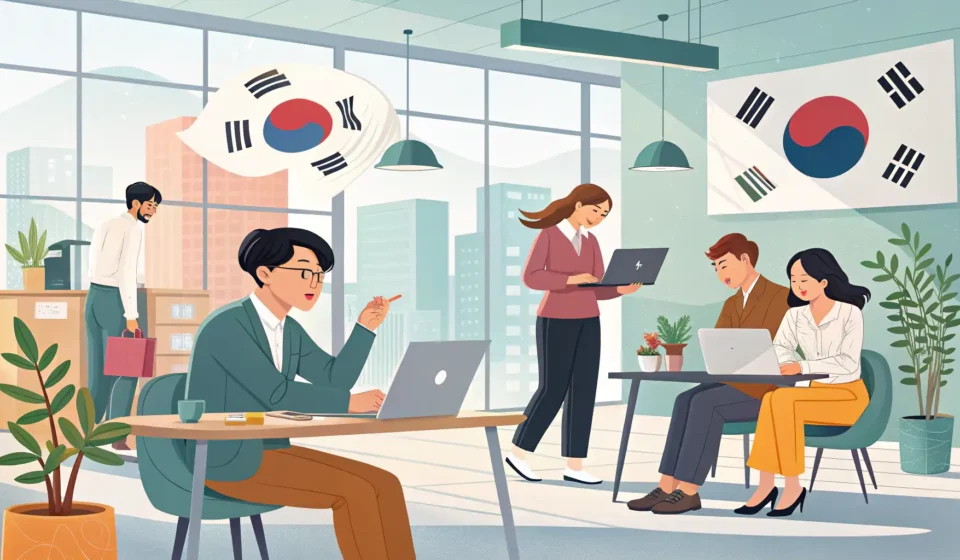 How to Say Dispatched Worker in Korean Illustration showing diverse professionals in a modern Korean office, representing the concept of di...