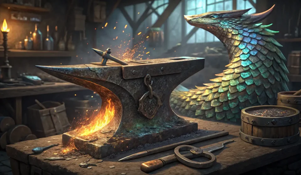 Dragon-Smith Armor Negotiation in Korean A fantasy illustration depicting a glowing dragon scale and steel shield piece on a blacksmith's anv...