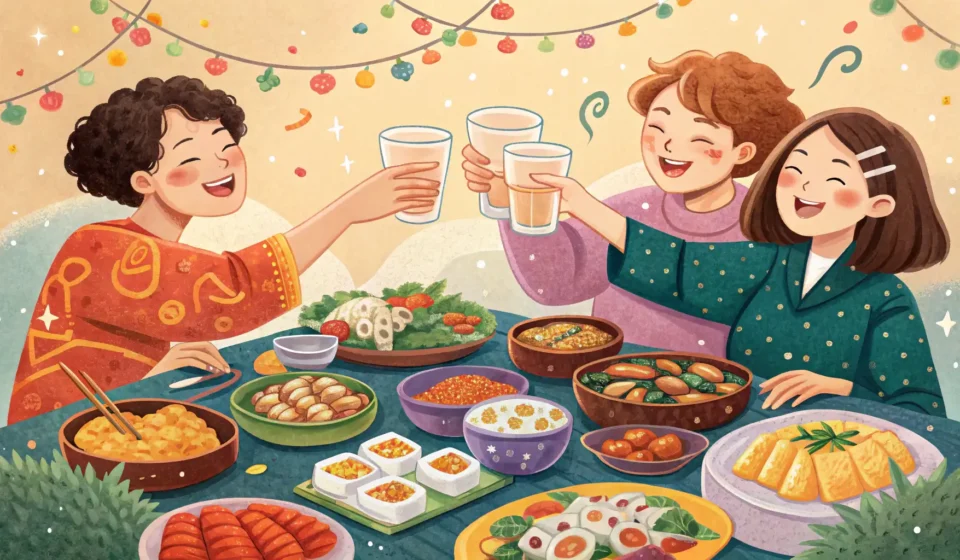 Understanding Korean Drinking Culture Illustration depicting a cheerful Korean drinking scene: hands clinking small soju glasses above a t...
