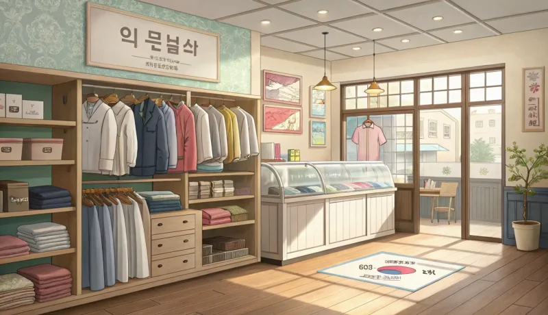 Dropping Off Clothes at a Korean Dry Cleaner Interior of a tidy Korean dry cleaner shop with clothes hanging neatly on racks and a counter in the...