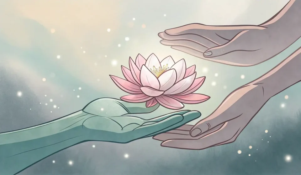 How to Say Endometriosis in Korean Hands gently holding a lotus flower, symbolizing care and health, with a traditional Korean window i...