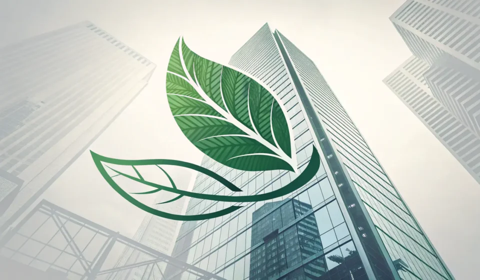 How to Say Energy Efficiency in Korean Stylized green leaf merging with a modern Korean building silhouette, symbolizing learning about ene...