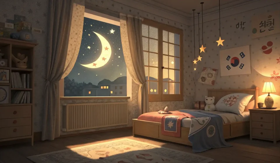 Explaining Bedtime: How Korean Parents Say ‘You Can’t Skip Sleep’ Illustration of a peaceful child's bedroom at night with subtle Korean decor, symbolizing explaining...