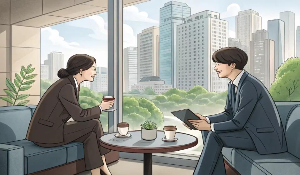 Explaining Work Delays in Korean Two colleagues discuss a work matter during a coffee break in a modern Korean office setting, illust...