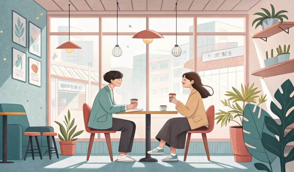 How to Explain a New Goal to a Teammate in Korean Two colleagues discussing work goals over coffee in a modern Korean cafe, one explaining a chart on...