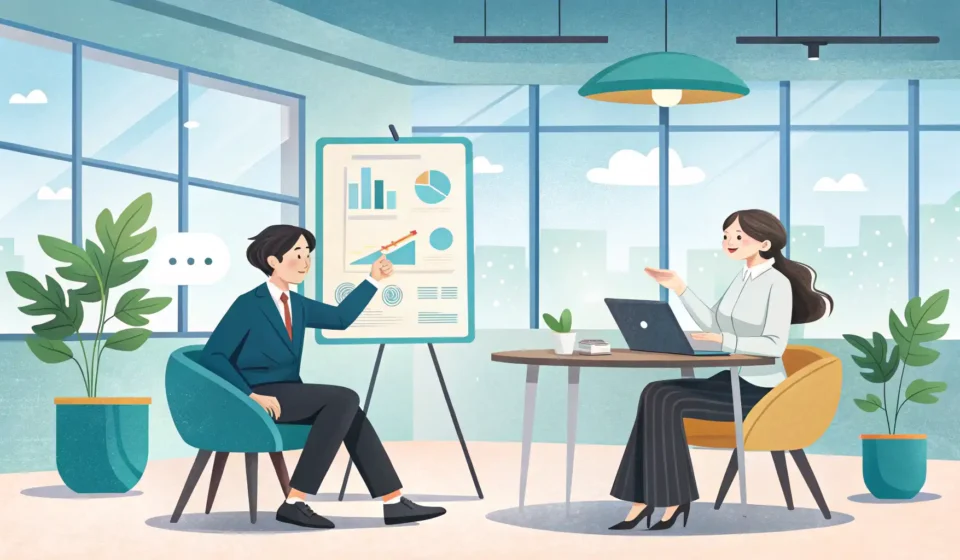 Explaining a New Goal to a Teammate in Korean Two Korean colleagues in a business meeting collaboratively discuss a new goal represented by a targ...