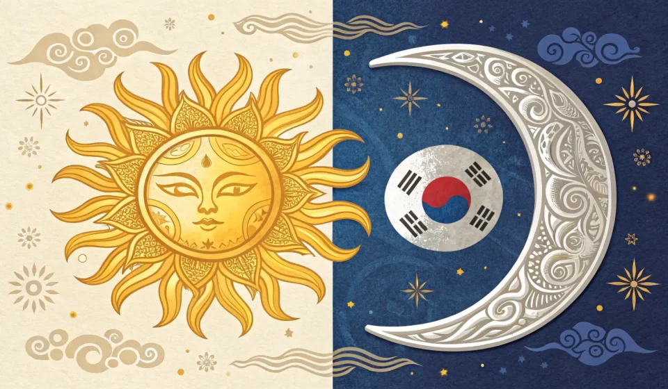 How to Express: Lunar Miner Seeks Sun Priestess’s Light Secret in Korean Stylized Korean art showing sun and moon motifs, representing the contrast of light and darkness for...