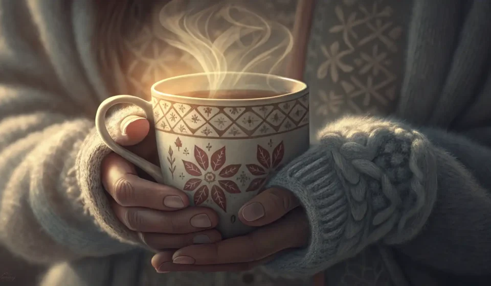 How to Say Menstrual Cramps in Korean Hands gently holding a warm, steaming Korean celadon-style mug, evoking comfort and relief for a Kor...