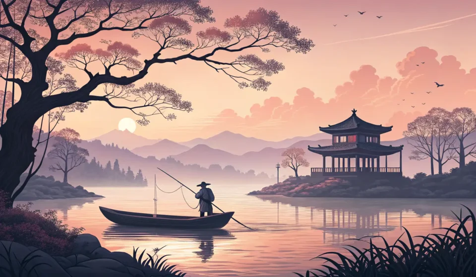 How to Express “A Sentient River Negotiating with a Fisherman” in Korean Stylized illustration of a traditional Korean fisherman casting a net from a boat onto a serene rive...