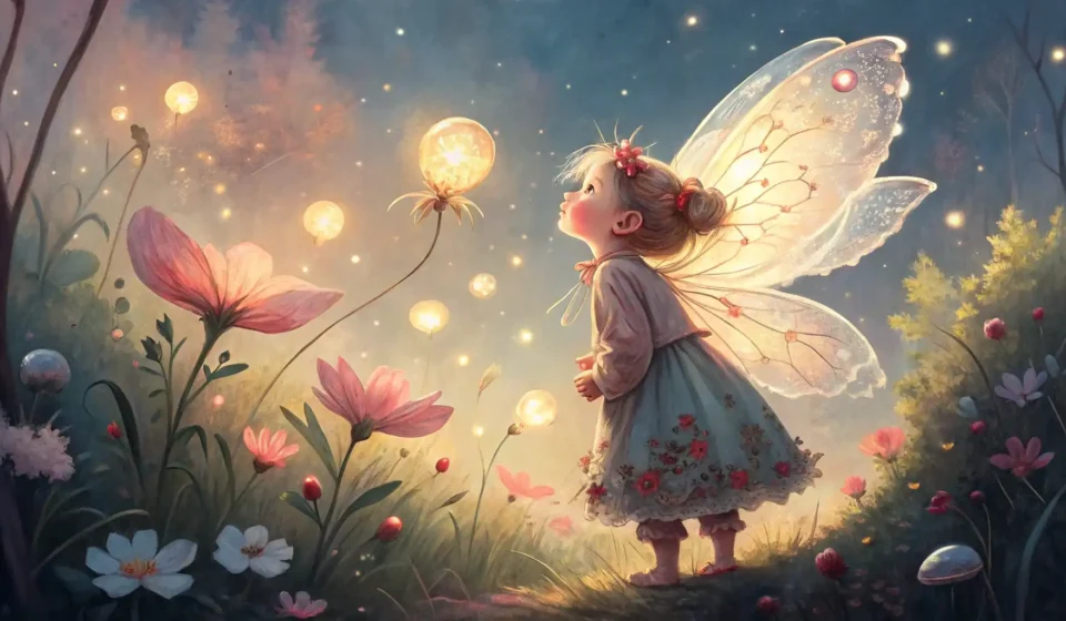 Korean for Fairy Tales: Asking a Giant for Mist Thread Illustration of a small fairy tailor looking up at a large, gentle giant amidst misty Korean mountai...