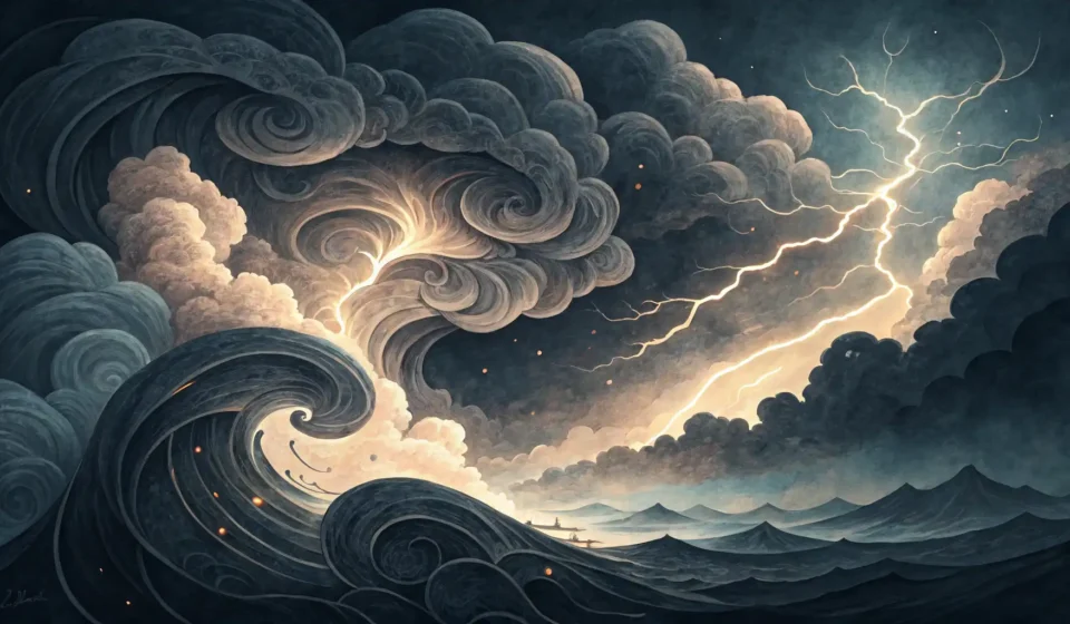 How to Describe Fantastical Concepts in Korean: Forging Thunder into Chains Abstract Korean ink wash illustration symbolizing forging thunder into chains, featuring storm cloud...