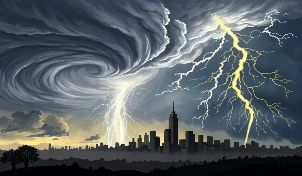 How to Express Fantastical Concepts: A Sentient Storm Debating a Lightning Catcher Stylized image of dramatic storm clouds and lightning over Korean mountains, representing the challe...