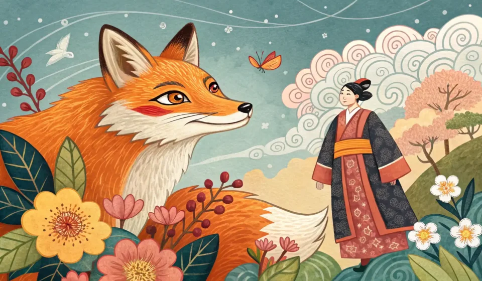 How to Describe Complex Fantasy Scenes in Korean: The Talking Fox and the Lost Witch Korean folk art style illustration of a fox and witch in a misty pine forest with a glowing potion,...
