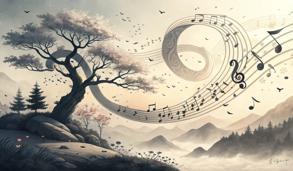 How to Describe Fantastical Scenes: A Ghost Composer and Flutist Debate Swirling Korean ink brush strokes turning into musical notes and ghostly wisps above a traditional H...