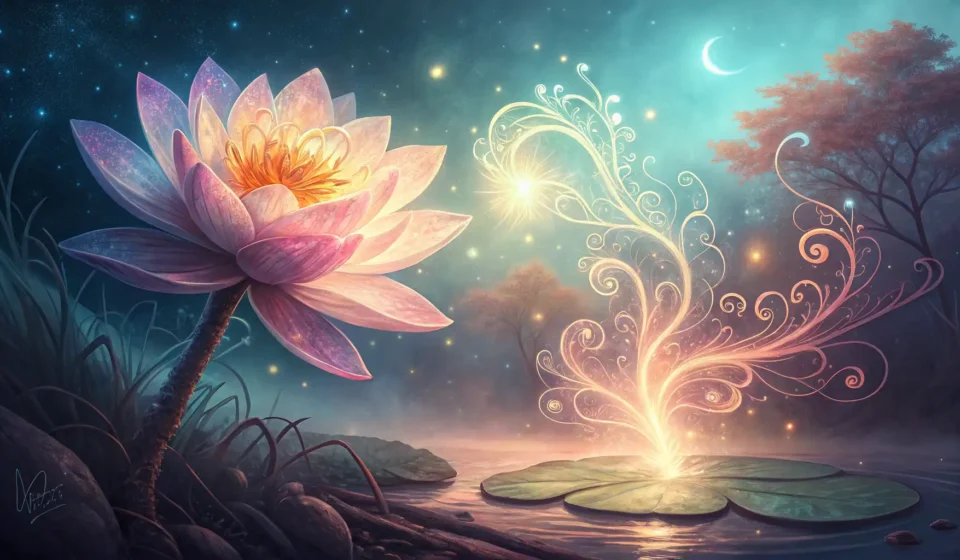How to Express Fantastical Concepts: Wizard Gardeners and Cloud Sprites in Korean A magically glowing flower blooms next to floating Hangul characters, symbolizing the creation of fa...