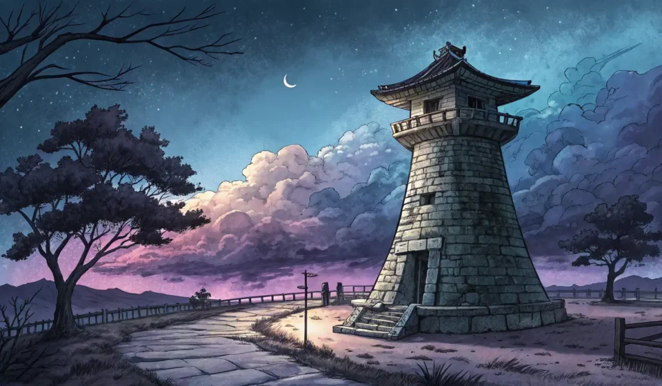 How to Discuss a Vampire Astronomer Negotiating with a Werewolf About Tracking Lunar Shadow Myth Orbits in Korean Illustration of Cheomseongdae observatory under a mystical full moon, symbolizing learning complex K...