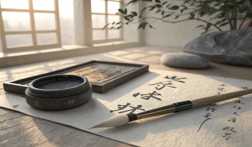 How to Say “A Ghost Sailor Asking a Mermaid How to Steer by Phantom Tide Pulls” in Korean Abstract image symbolizing learning complex Korean phrases, featuring Korean calligraphy tools with...