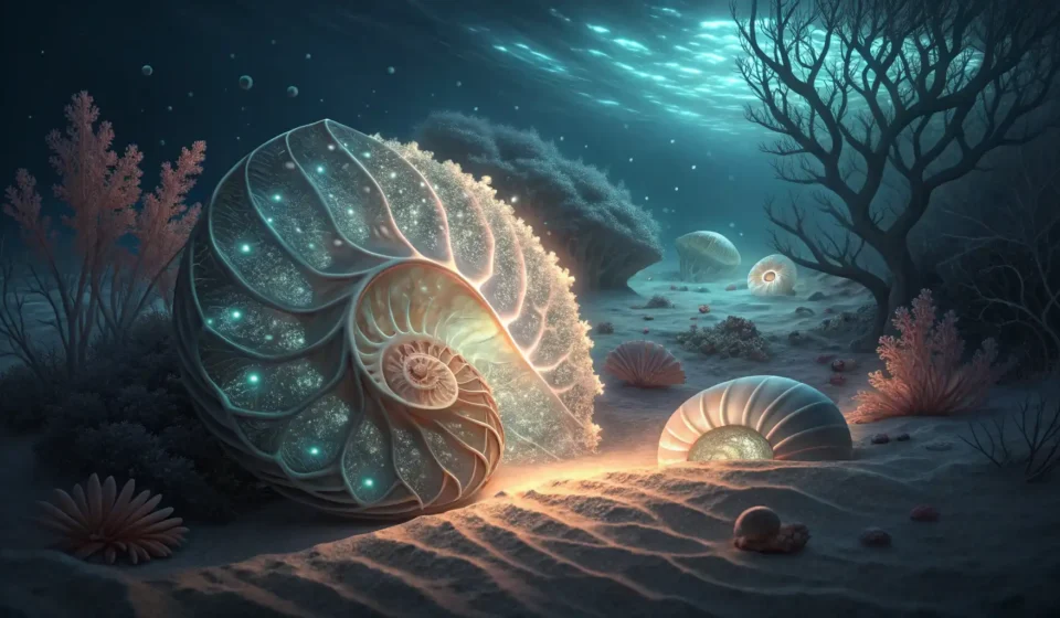 How to Say “A Mermaid Trader Debating a Sea God About Bartering with Stormlight Shells” in Korean Glowing seashells, one decorated with Korean traditional patterns, symbolizing learning fantasy voca...