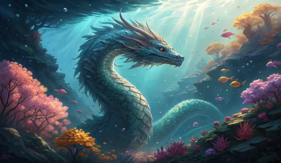How to Say ‘A Mermaid Healer Negotiating with a Sea Serpent for Venom of Renewal’ in Korean Mystical underwater scene with a Korean Imugi sea serpent silhouette and glowing flora, representing...