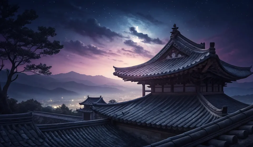 How to Say “A werewolf poet debating a vampire muse about howling in midnight dusk verse” in Korean Silhouette of a traditional Korean Hanok house rooftop against a dramatic purple and indigo twilight...