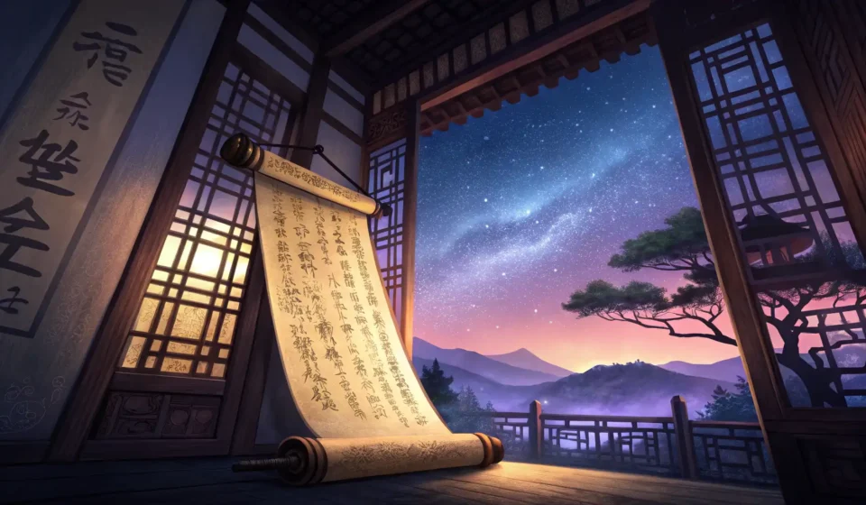 How to Say “A Ghost Librarian Convincing a Fairy to Shelve by Twilight Whisper Starlight Glow Order” in Korean A glowing ancient Korean scroll under a starry twilight sky seen through a traditional hanok window,...