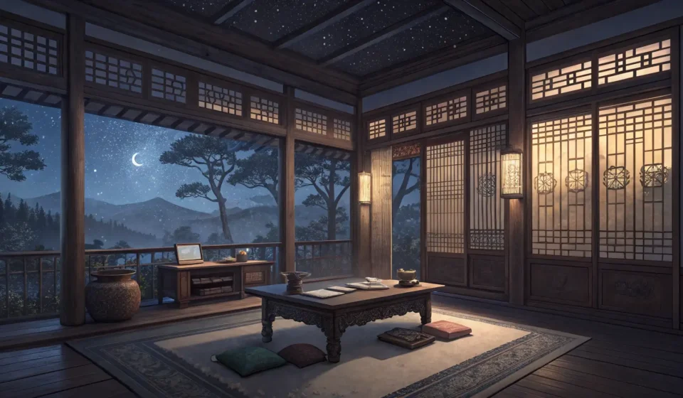 How to Translate Fantastical Concepts: Ghost Librarian, Fairy Negotiations, and Magical Elements in Korean Illustration of a traditional Korean study room at twilight, with a magical glow emanating from an o...
