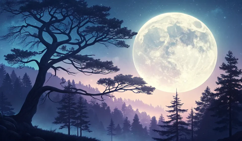 How to Say A Werewolf Ranger Negotiating with a Moon Sprite for a Silver Beam Trail Light in Korean Stylized image of a full moon over a Korean pine forest at night, with a silver beam of light illumi...