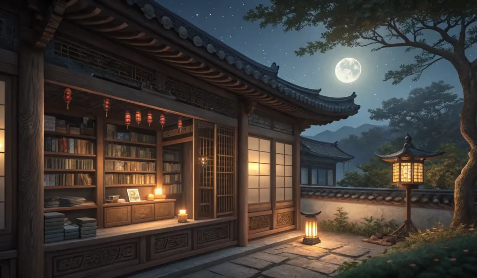 How to Say “A Ghost Librarian Convincing a Fairy to Shelve by Starlight Glow” in Korean Moonlit traditional Korean bookshelf with scrolls and glowing dust motes, representing learning imag...