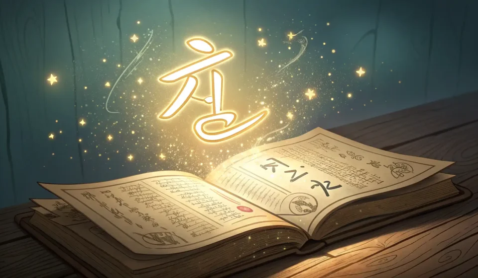 How to Describe a Wizard Baker’s Fiery Enchantment in Korean A glowing Korean Hangul character '마' floats magically above an ancient scroll, symbolizing learning...