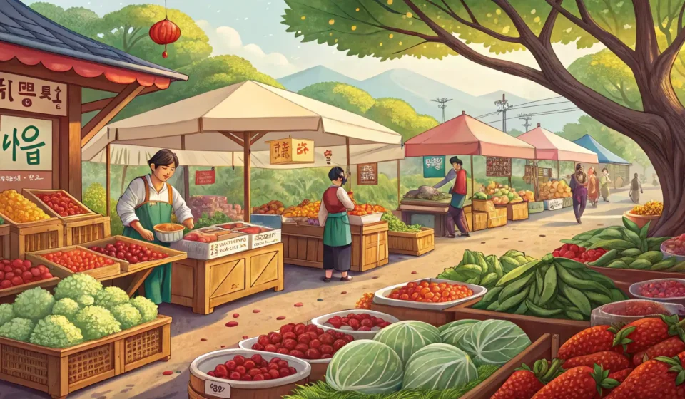 Understanding Korean Farmer’s Markets: 직거래장터 (Jikgeoraejangteo) Illustration depicting a lively Korean farmer's market (직거래장터 - jikgeoraejangteo) with abundant fres...