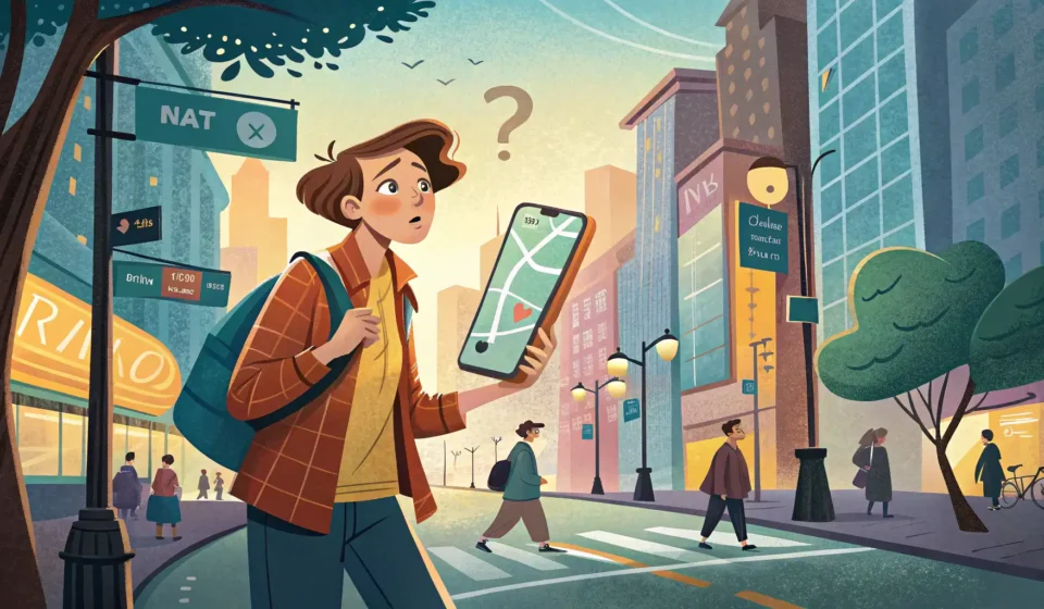 How to Find a Bus Stop in Korean Illustration depicting a person using a map app to locate a bus stop on a busy street in Korea, repr...