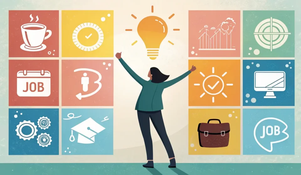 How to Find a Side Job or Part-Time Job in Korean Illustration of a person looking at a job board with various job icons in a Korean city, symbolizing...