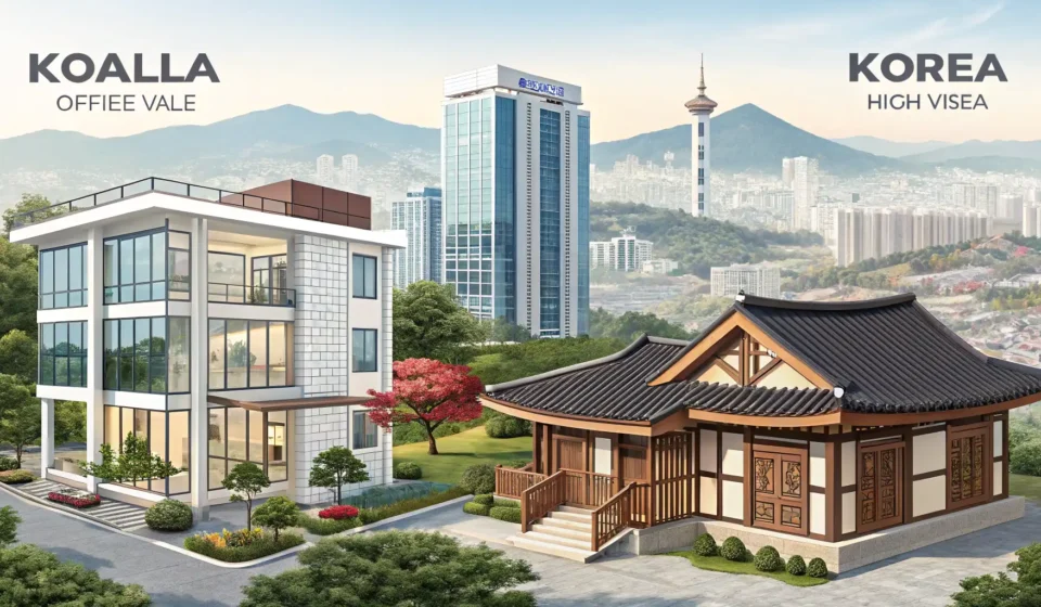 Finding a Room in Korea Illustration depicting a magnifying glass examining various types of Korean housing like an officete...