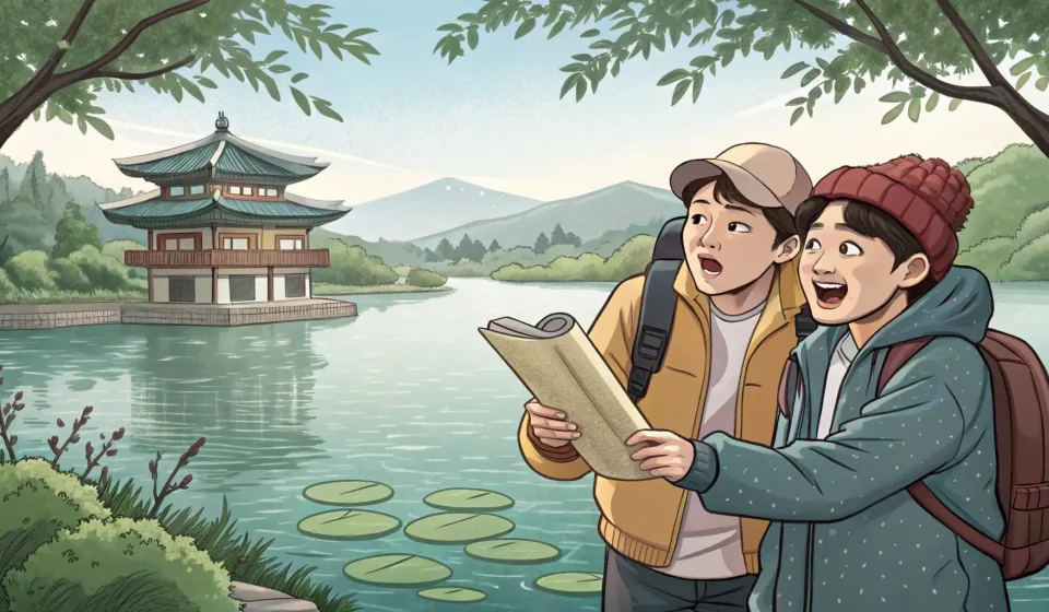 Joking About a Bad Fishing Trip in Korean Illustration showing two friends after fishing in Korea; one looks comically sad with an empty net,...