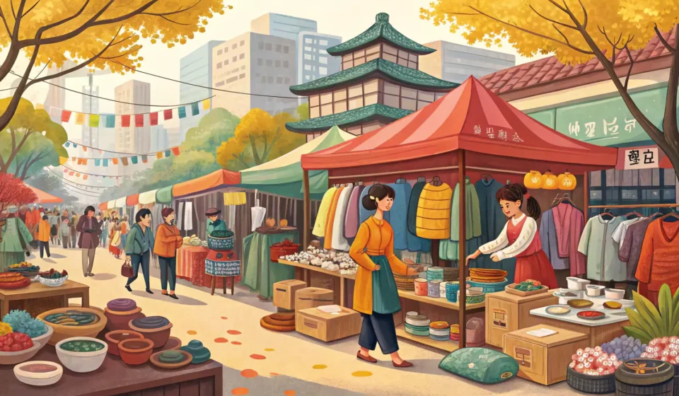 How to Use Flea Markets and Second-hand Markets in Korean Illustration depicting a lively Korean flea market stall with diverse second-hand goods, symbolizing...