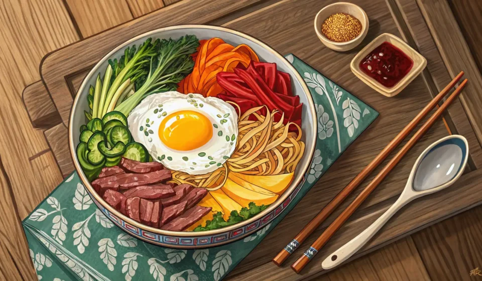 Communicating Food Allergies in Korean A bowl of Korean Bibimbap viewed from above, with a small red caution symbol placed next to it, repr...