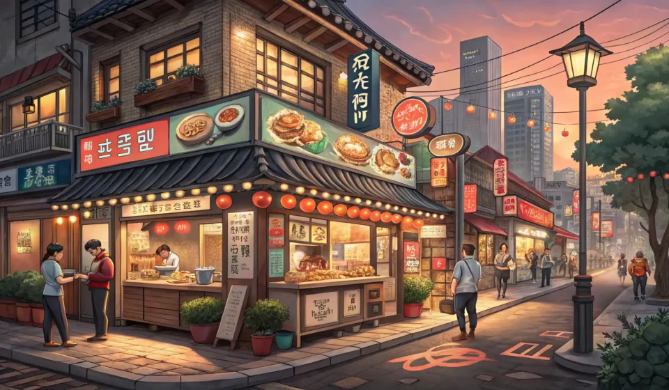 How to Say Food Service Business in Korean Illustration of a Korean street corner featuring various food service businesses like restaurants, c...