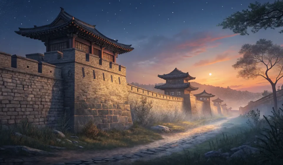 Asking About Ghost Stories at a Korean Fort An old Korean stone fortress wall shrouded in mist at dusk, symbolizing Korean legends and ghost sto...