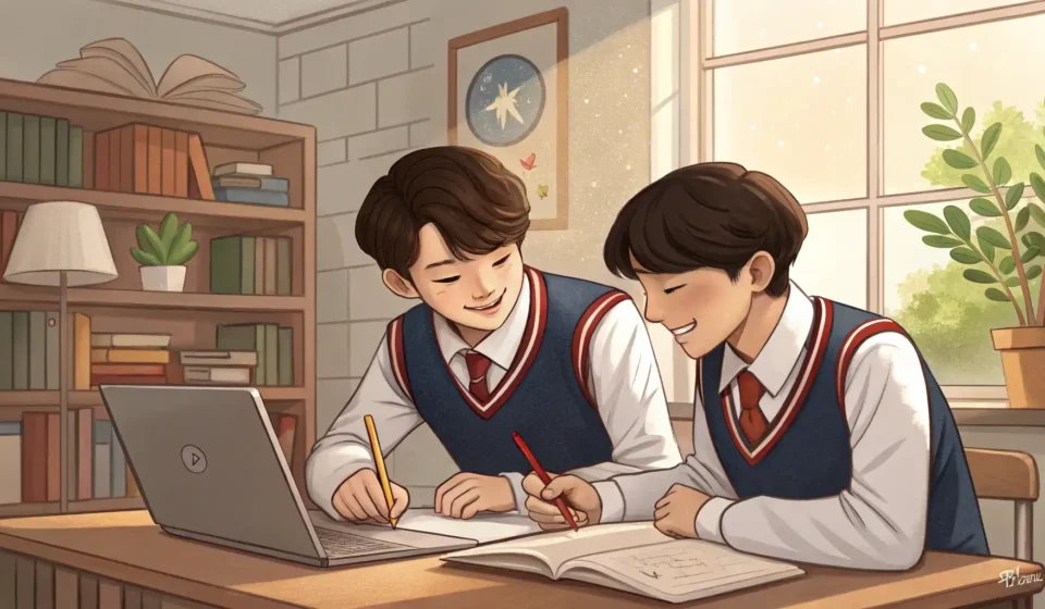 How to Ask a Friend for Help with a Biology Lab in Korean Illustration of two Korean students studying together at home, looking confused but helping each oth...