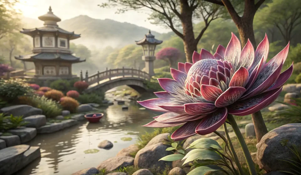 Asking About Rare Plants in a Korean Garden Close-up of a unique, vibrant flower blooming in a tranquil traditional Korean garden, symbolizing a...