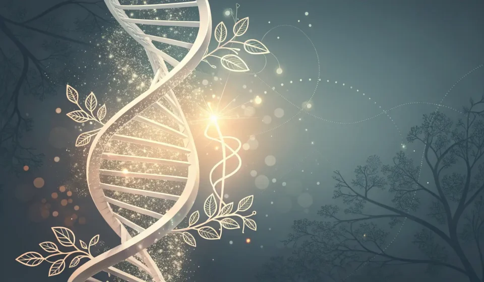 How to Say Gene Therapy in Korean Stylized DNA helix intertwined with an abstract Korean symbol on a futuristic background, representi...