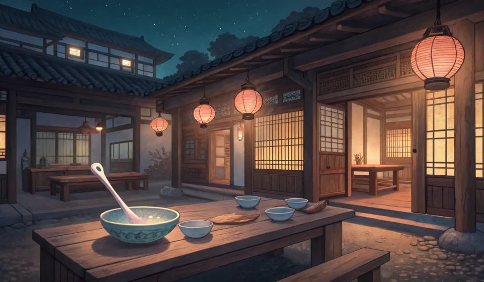 Ghost Chef’s Spectral Stew Seasoning Lesson in Korean A glowing ladle stirs a steaming pot in a spooky, traditional Korean kitchen, symbolizing a Korean l...