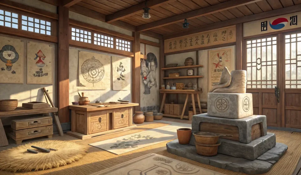 How to Talk About a Ghost Sculptor and Shadow Tools in Korean A dramatically lit Korean sculpting workshop scene with deep shadows and a subtle ethereal glow, rep...