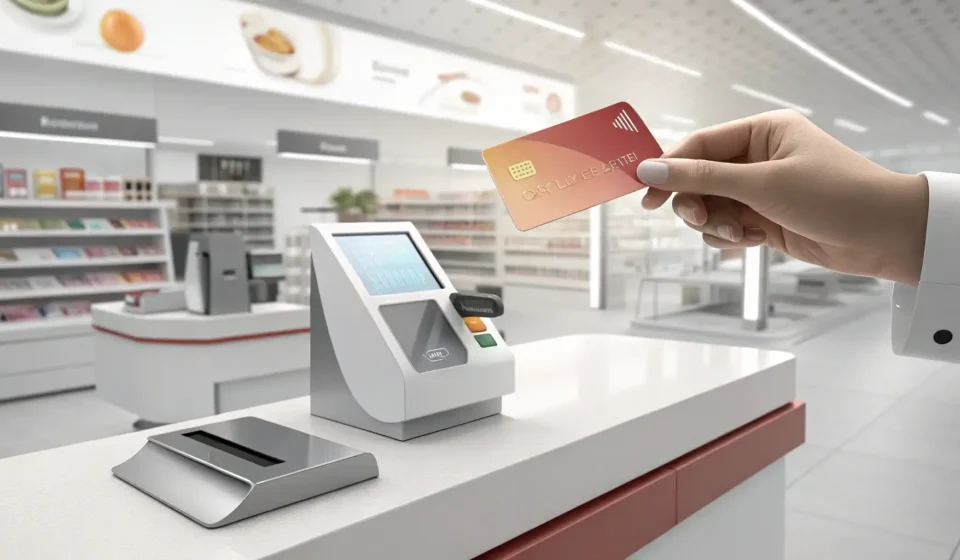 How to Ask About Gift Card Balance Issues in Korean A hand holding a gift card above a point-of-sale terminal at a Korean store checkout, symbolizing a...