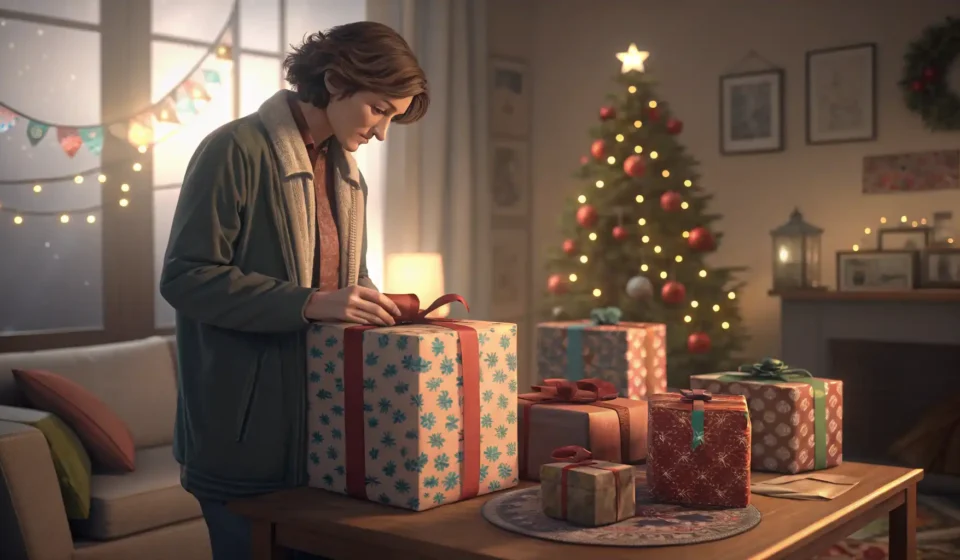 How to Choose a Gift in Korean Illustration depicting a person carefully selecting from various elegantly wrapped Korean-style gift...