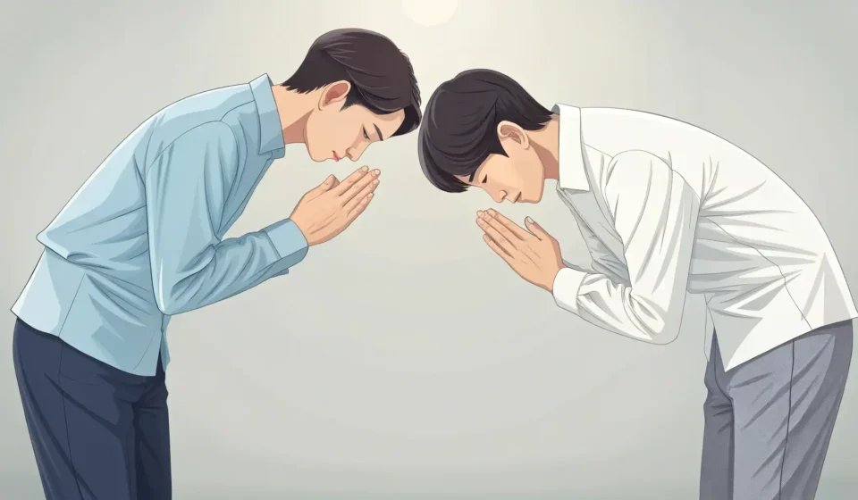 Korean Greeting Etiquette Two people bowing respectfully to each other, illustrating Korean greeting etiquette for a language...
