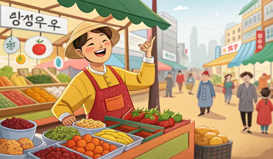 Asking for a Group Discount in Korean Shoppers interacting with a vendor at a Korean market stall, symbolizing asking for a group discount...