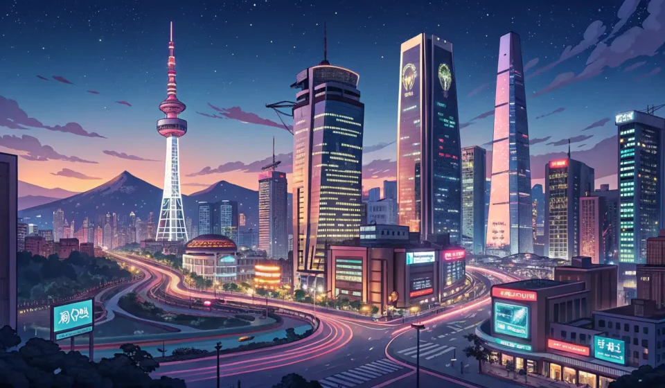 How to Say Hacking in Korean Stylized illustration of the Seoul skyline at night with glowing lights and subtle digital network l...