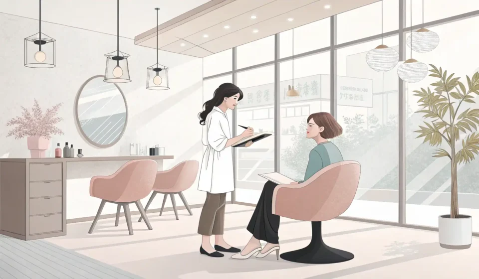 How to Discuss Hairstyles in Korean A stylist and client discussing hairstyle options in a modern Korean hair salon, representing a Kore...